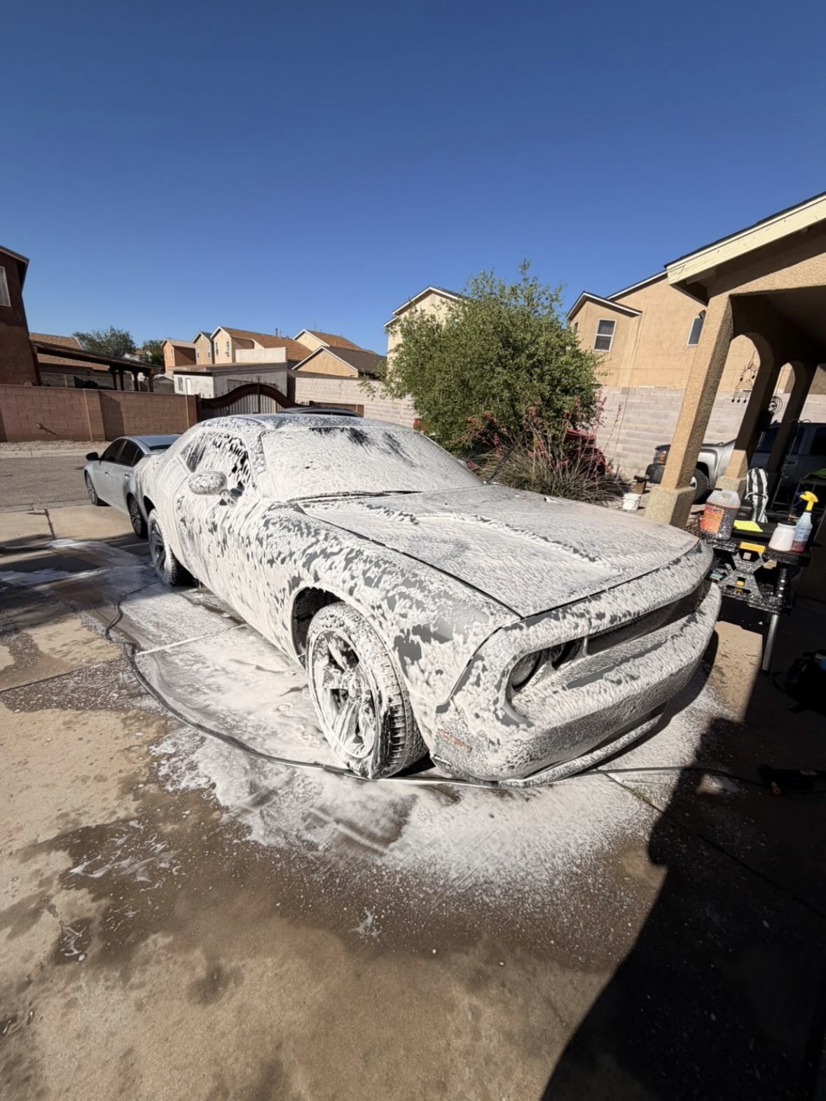 Dodge Challenger covered in foam during a hand wash